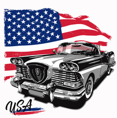 Retro car with american flag, vector illustration
