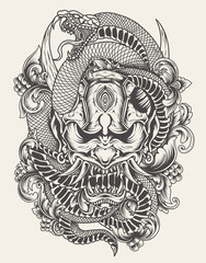 illustration oni mask with snake monochrome style