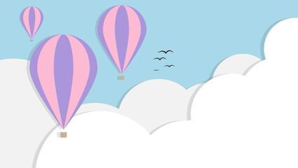 Fototapeta na wymiar hot air balloons with cloud paper style background with pastel color