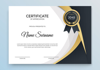 Diploma certificate template black and gold color with luxury and modern style vector image. Certificate of appreciation template, gold and Black color. Clean modern certificate with gold badge.