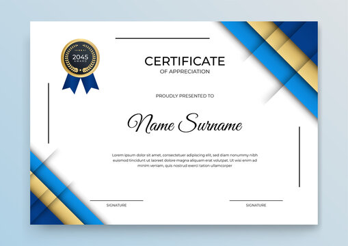 Blue and gold Certificate of achievement template set Background with gold badge and border. Award diploma design blank. Vector Illustration