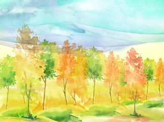 Fototapeta premium Watercolor autumn trees of yellow, red, orange color. Autumn forest,hill, blue sky. Watercolor art background.Beautiful splash of paint. Abstract creative background.