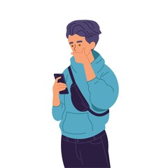 Man using a smartphone. A man with curious face holding a phone to texting, read online news, chatting, play games, social media, usability. Person using gadget. Flat style vector illustration