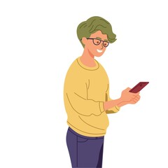 Man using a smartphone. A smiling man holding a phone to texting, read online news, chatting, play games, social media, usability. Person using gadget. Flat style vector illustration.