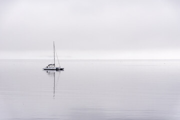 Lone yacht in Hardy Bay, Port Hardy, Vancouver Island, Canada