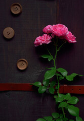 rose with wooden buttons on a plank background