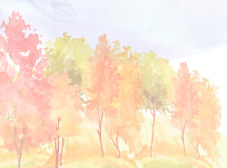 Obraz na płótnie Canvas Watercolor autumn trees of yellow, red, orange color. Autumn forest,hill, blue sky. Watercolor art background.Beautiful splash of paint. Abstract creative background.