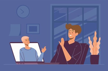 Work from home. Man chatting with co worker using laptop in flat style vector illustration