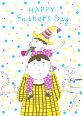 Color hand drawn digital jpg print for the holiday Father's day. Son and dad in the park. Family. Funny design template for poster, card