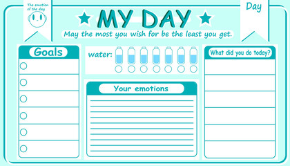 Plan for the day. Diary. Organizer of the day. Diary of the day. Sheet for notes