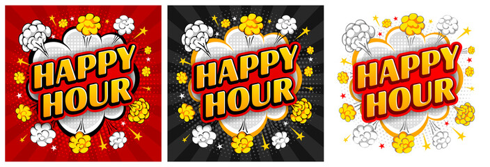 Fototapeta premium Set of comic speech bubbles, like an explosion, with phrase Happy Hour. Catering establishments advertisement. Bright cartoon design in retro pop art style with halftone effect. Vector illustration. 