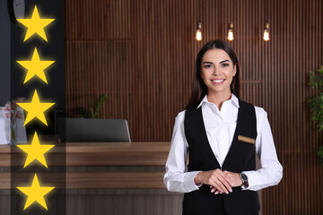 Five Star Luxury Hotel. Portrait of receptionist in lobby
