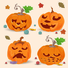 set of 4 of four pumpkins flat illustration for halloween holiday background isolated