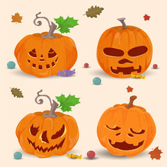 set of 3 of four pumpkins flat illustration for halloween holiday background isolated