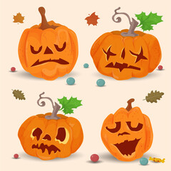 set of 2 of four pumpkins flat illustration for halloween holiday background is isolated