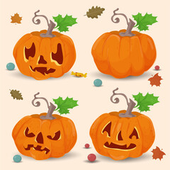 set 1 of four pumpkins flat illustration for halloween holiday background isolated