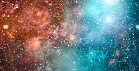 Space background with stardust and shining stars. Realistic colorful cosmos with nebula and milky...