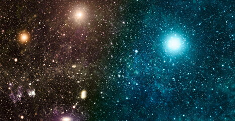 Space background with stardust and shining stars. Realistic colorful cosmos with nebula and milky...