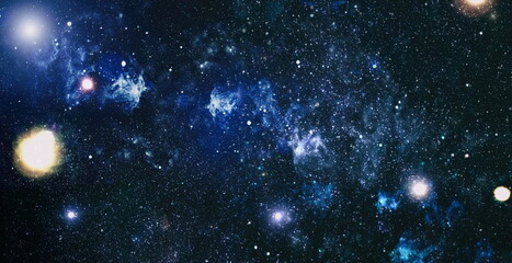 Space background with stardust and shining stars. Realistic colorful cosmos with nebula and milky...
