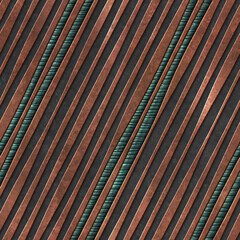 Naadloze textuur met diagonaal strepenpatroon op een zwarte grungeachtergrond, koper en bronsmetaal, 3d illustratie