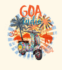 GOA,India typography for t-shirt print with beach,palm,elephant and retro scooter.Vintage poster. - obrazy, fototapety, plakaty