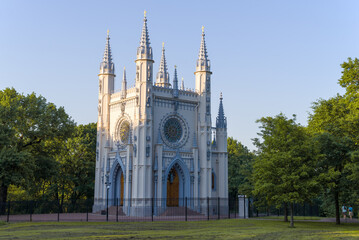 View of the ancient chapel of Alexander Nevsky on a cloudless June evening. Peterhof