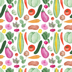 Watercolor vegetables seamless pattern on a white background. Hand-drawn corn, pepper, eggplant, garlic, cabbage, radish with leaves, cucumber, tomato, carrot, onion, and spinach illustration.
