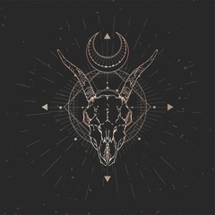 Vector illustration with hand drawn Goat skull and Sacred geometric symbol on black vintage background. Abstract mystic sign. Gold linear shape. 