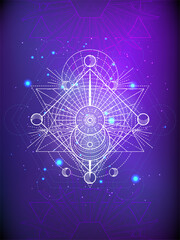 Vector illustration of Sacred geometry symbol on abstract background. Mystic sign drawn in lines. Image in purple color. 
