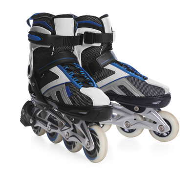 Pair of inline roller skates on white background. Sports equipment