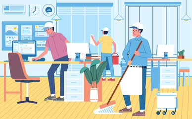 professional cleaning service, cleaning the office after working hours are over. office design interior flat vector illustration