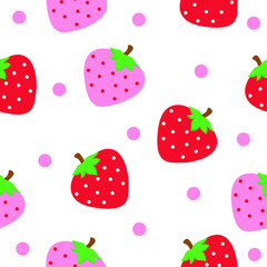 Seamless pattern with fruit. Adorable illustration of fresh strawberry with polka dot isolated on white background. Simple design for print screen backdrop, fabric and tile wallpaper.