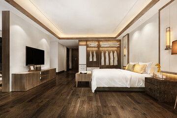 Fototapeta na wymiar 3d rendering luxury modern bedroom suite in hotel with wardrobe and walk in closet