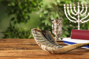 Shofar and other Rosh Hashanah holiday attributes on wooden table outdoors, space for text