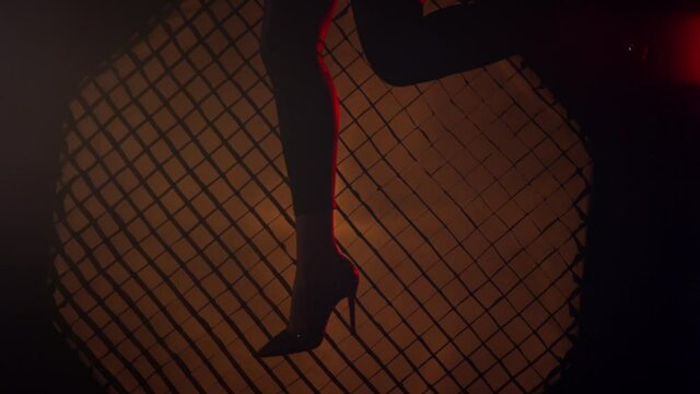 Close up of the legs beautiful sexy woman posing and dancing in knee high heels . Silhouette of female legs in high-heeled shoes on a background of lilac light. Holding up woman's legs . Slow Motion