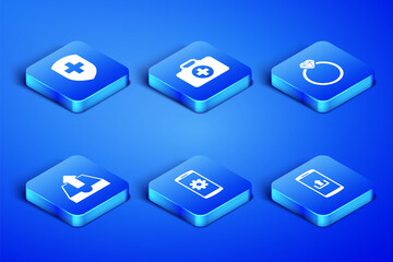 Set Smartphone with upload, Medical shield cross, Setting smartphone, Upload inbox, First aid kit and Diamond engagement ring icon. Vector