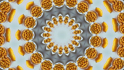 Dates and Mango Kaleidoscopic Design in Circular Form | Digitally Created Food Pattern for Background