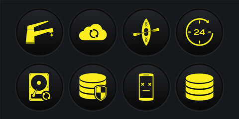 Set Hard disk drive HDD sync refresh, Clock 24 hours, Database protection, Dead mobile, Kayak and paddle and Cloud icon. Vector