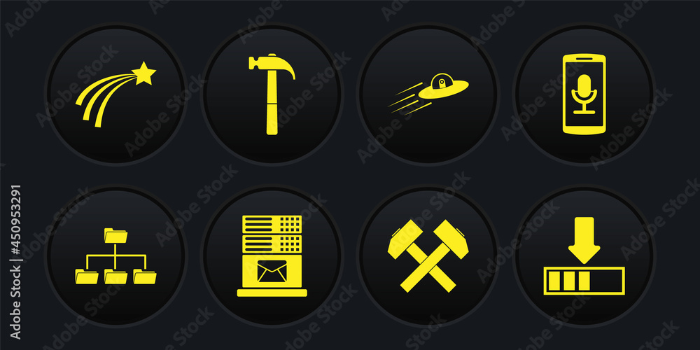 Poster set folder tree, mobile recording, mail server, two crossed hammers, ufo flying spaceship and alien 