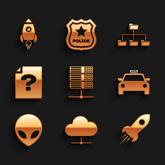 Set Server, Data, Web Hosting, Network cloud connection, Rocket ship with fire, Taxi car, Alien and Unknown document icon. Vector