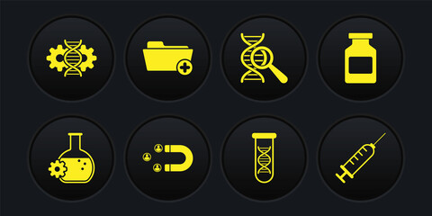 Set Bioengineering, Medicine bottle, Customer attracting, DNA research, search, and Health record folder icon. Vector