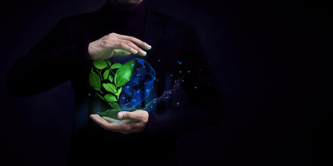 ESG Concept. Nature Meet Technology. Green Leaf as Heart Shape Protected by Gentle Gesture. Green...
