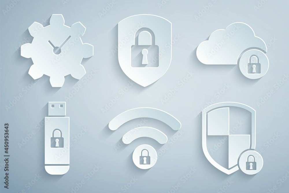 Poster set wifi locked, cloud computing, usb flash drive with, shield security, and time management icon. v
