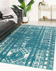 Modern geometric living area interior room rug design.