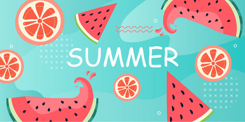 Colorful layout template with watermelon and summer lettering on light blue background. Horizontal poster, greeting card, header for creative use. Flat cartoon vector illustration