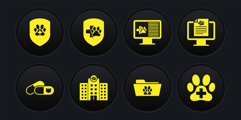 Set Cat and pills, Clinical record pet on monitor, Veterinary medicine hospital, Medical veterinary folder, and Animal health insurance icon. Vector