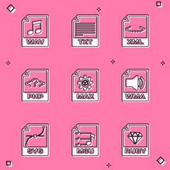 Set WAV file document, TXT, XML, PHP, MAX and WMA icon. Vector