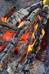 Smoldering charcoal in the hearth close-up, selective focus.