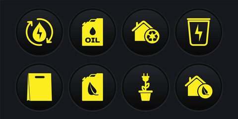 Set Shopping bag, Lightning with trash can, Bio fuel canister, Electric saving plug pot, Eco House recycling, Canister machine oil, friendly house and Recycle clean aqua icon. Vector