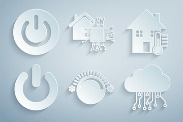 Set Thermostat, House temperature, Power button, Internet of things, Smart home and icon. Vector